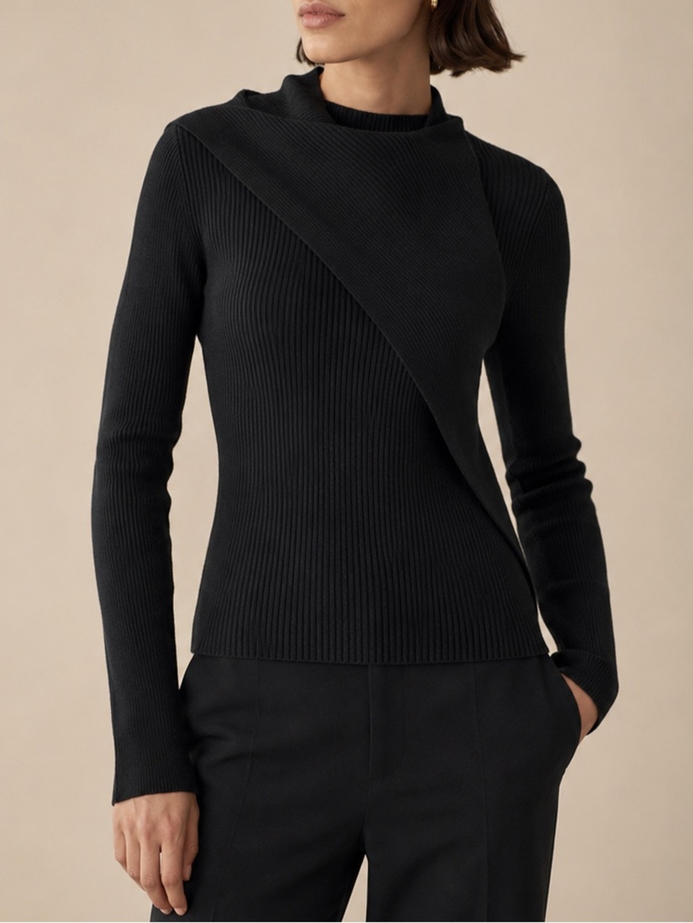 Scanlan Theodore Asymmetrical Black Crepe Knit Drape Front Wrap Long Sleeve Top
